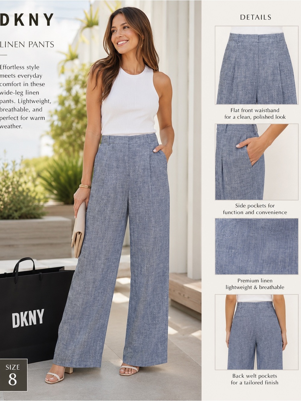 DKNY Wide-Leg Linen Pants in Chambray